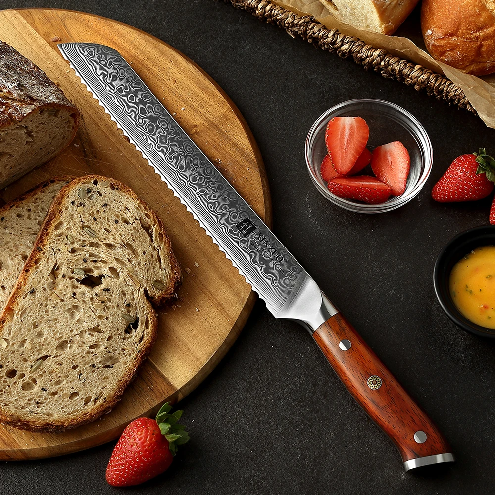XINZUO 9'' inch Serrated Knife 67 layer Damascus Steel Cutter Cutting Bread Cheese Toast Sharp Table Knife with Rosewood Handle
XINZUO 9'' inch Serrated Knife 67 layer Damascus Steel Cutter Cutting Bread Cheese Toast Sharp Table Knife with Rosewood Handle