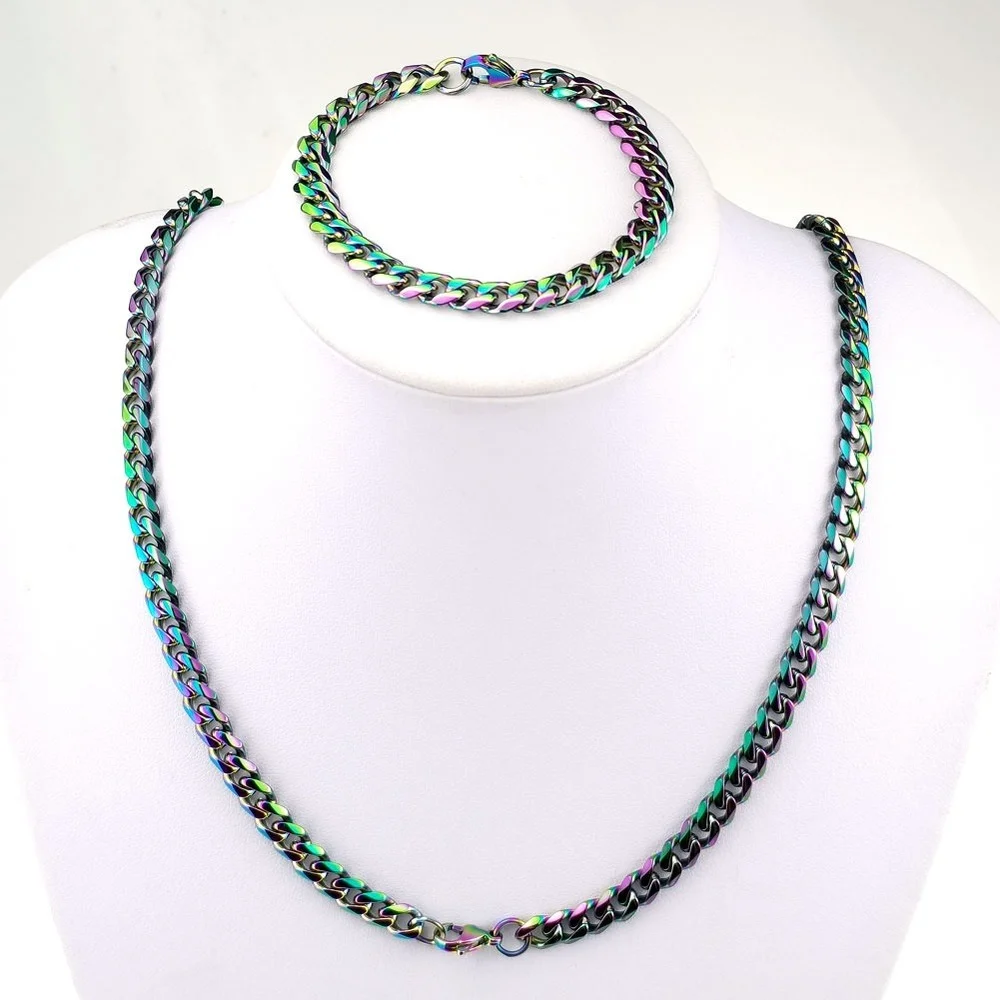 Rainbow tone Stainless Steel Miami Curb Chain Bracelet Set Cuban Link Chain Necklace 5~9mm width
Rainbow tone Stainless Steel Miami Curb Chain Bracelet Set Cuban Link Chain Necklace 5~9mm width