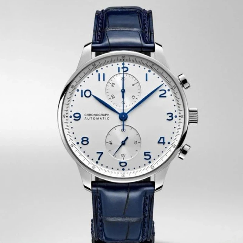 

Classic New Quartz Movement Chronograph Men Watch Stopwatch Sapphire Watches Silver Blue Leather Sport Limited White Dial