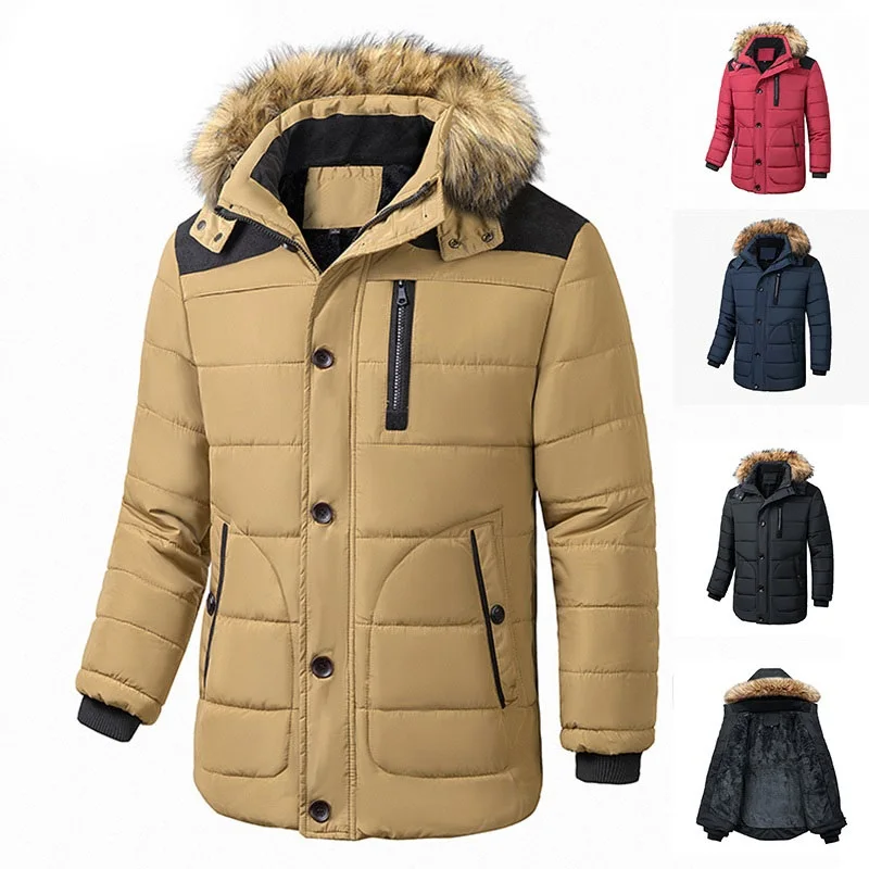 

Мужская теплая куртка с флисовой подкладкой, ветрозащитная Повседневная парка с меховым воротником и капюшоном, для осени и зимы, 2021