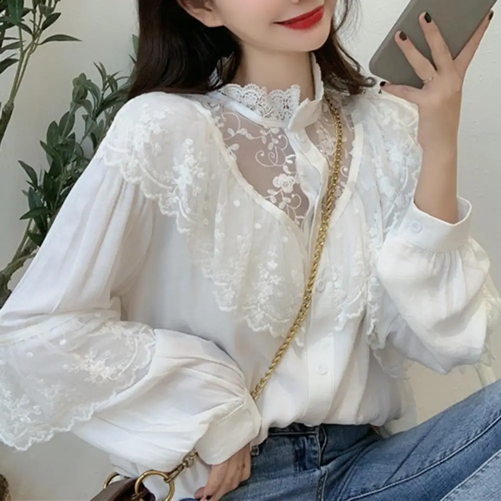 Spring Autumn Korean Sweet Loose Shirt Lace Up Ruffled Women Blouses Fashion Stand Collat Ladies Tops Vintage Lace Shirts Women
Spring Autumn Korean Sweet Loose Shirt Lace Up Ruffled Women Blouses Fashion Stand Collat Ladies Tops Vintage Lace Shirts Women