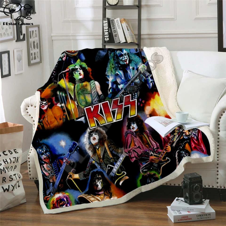 Плед для вечерние НКИ Plstar Cosmos Band KISS Rock & Roll All Nite с 3D рисунком шерпа на кровати