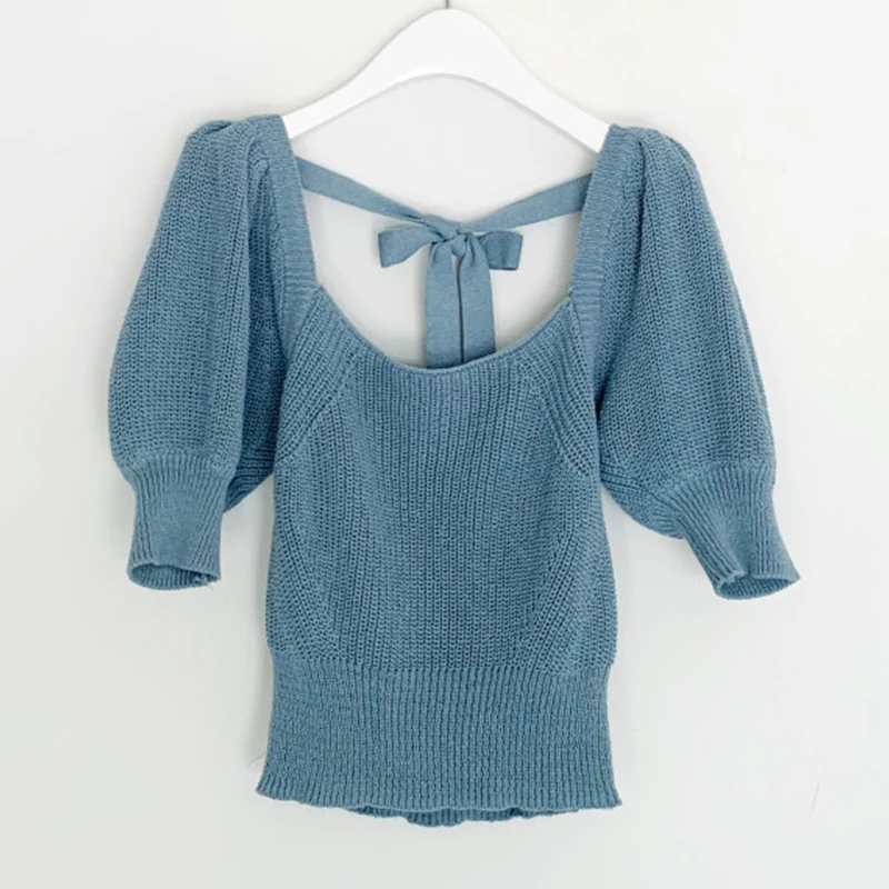 Women Hollow Out Bandage Knit Pullover Casual Square Collar Short Puff Sleeve Sweater Blue/Green Slim Short Knit Shirts New 2020 
Women Hollow Out Bandage Knit Pullover Casual Square Collar Short Puff Sleeve Sweater Blue/Green Slim Short Knit Shirts New 2020