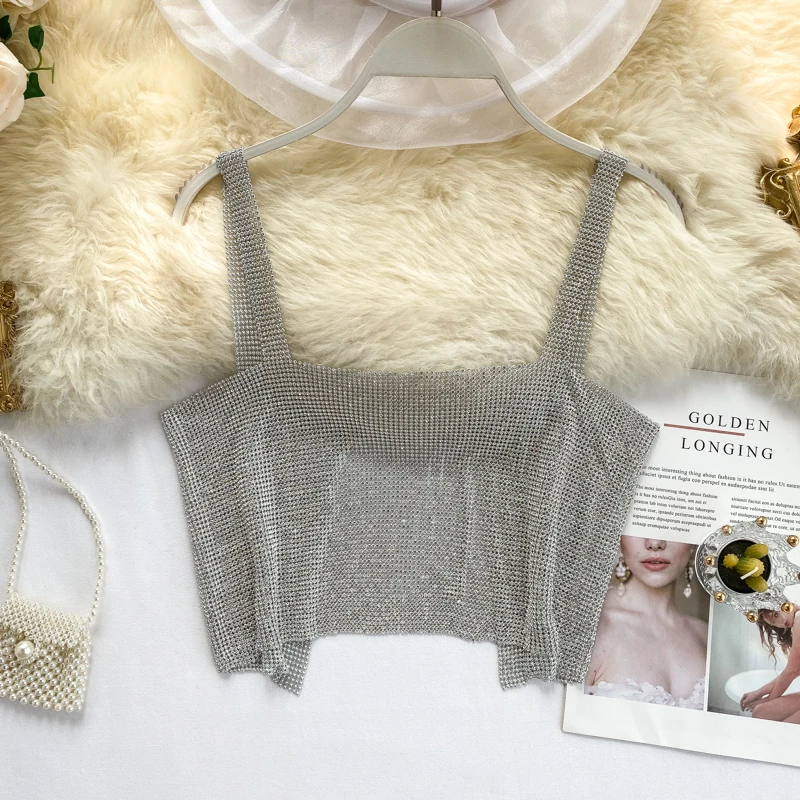 Ins Sexy Camisole Women's Outside Wear Dancing Glitter Short Crop Tops Sleeveless Solid Color Bling Camis K293 | Женская