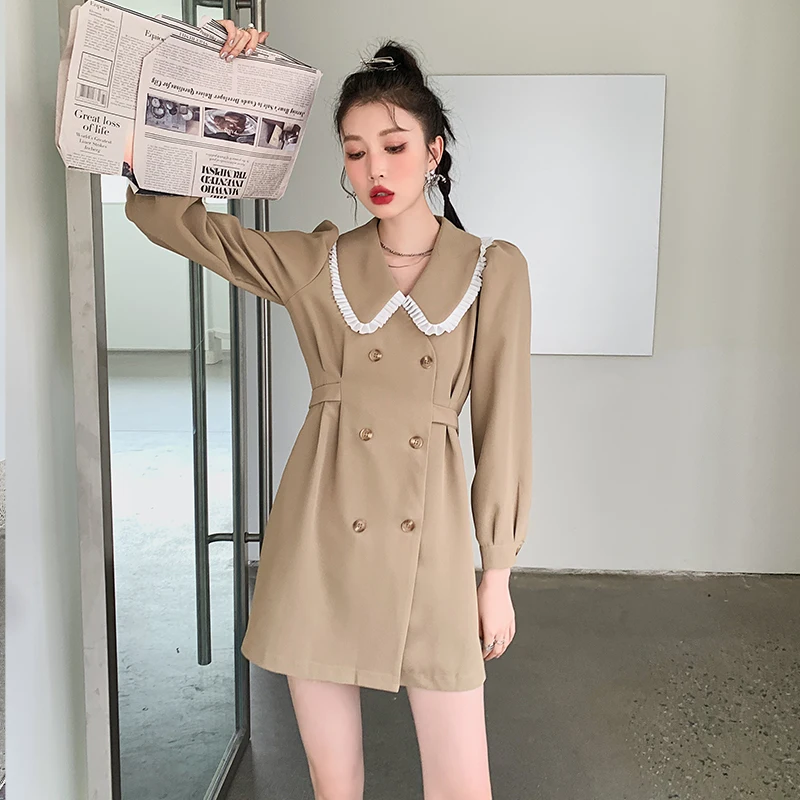 Women Autumn Chic Khaki Elegant Peter Pan Collar Lace Retouch Double Breasted Long Sleeve Lace Up Slim Korean Mini Dress
Women Autumn Chic Khaki Elegant Peter Pan Collar Lace Retouch Double Breasted Long Sleeve Lace Up Slim Korean Mini Dress