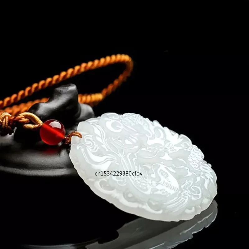 Natural XinJiang White Jade Round Dragon Phoenix Pendant Necklace Stone Lucky Amulet Chain Men Women Gifts sweater chain | Украшения и