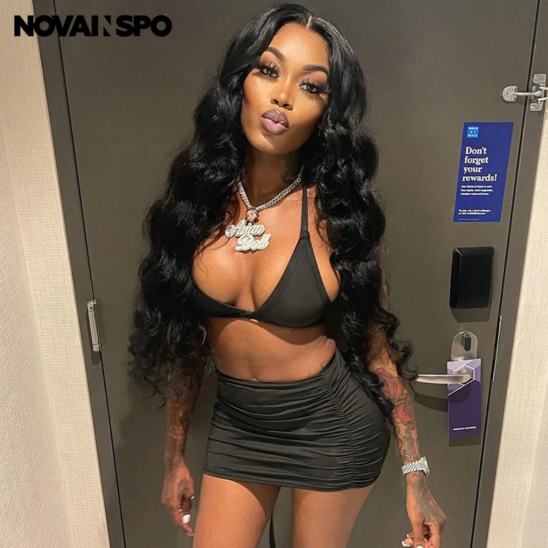NOVAINSPO Black Solid Low Cut Backless Halter Tops And Skirts Sets Ruching Skinny Clubwear Tie Front Sexy Baddies Women Set Hot
NOVAINSPO Black Solid Low Cut Backless Halter Tops And Skirts Sets Ruching Skinny Clubwear Tie Front Sexy Baddies Women Set Hot