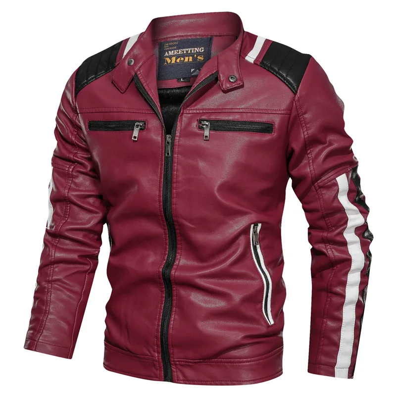

Мужская мотоциклетная кожаная куртка, зимнее утепленное флисовое пальто, байкерское пальто из искусственной кожи с цветными блоками и эпол...