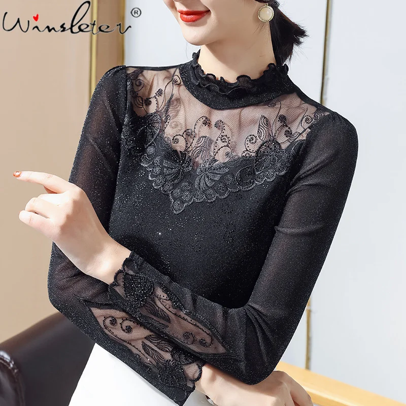Spring Fall European Style T-Shirt Ruffles Sexy Stand Collar Shiner Diamonds Women Tops M-4XL Lace Bottoming Shirt Tees T18015A
Spring Fall European Style T-Shirt Ruffles Sexy Stand Collar Shiner Diamonds Women Tops M-4XL Lace Bottoming Shirt Tees T18015A