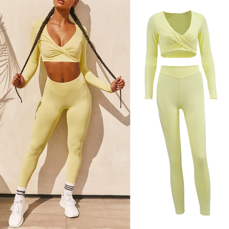 Women 2 Piece Sports Outfits Set Long Sleeve Crisscross V-Neck Crop Top High Waisted Ruched Butt Lift Leggings Solid Color Track
Women 2 Piece Sports Outfits Set Long Sleeve Crisscross V-Neck Crop Top High Waisted Ruched Butt Lift Leggings Solid Color Track