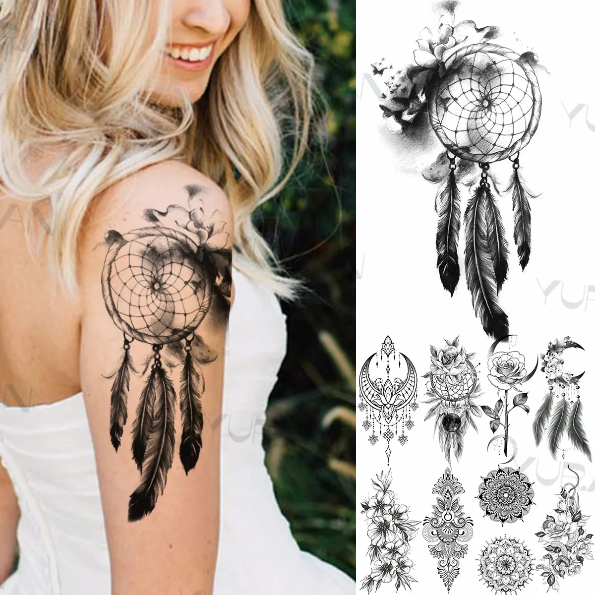 

3D Dreamcatcher Feather Temporary Tattoos For Women Thigh Adult Fake Henna Moon Pendant Rose Snake Tatoo Flower Tattoo Sticker