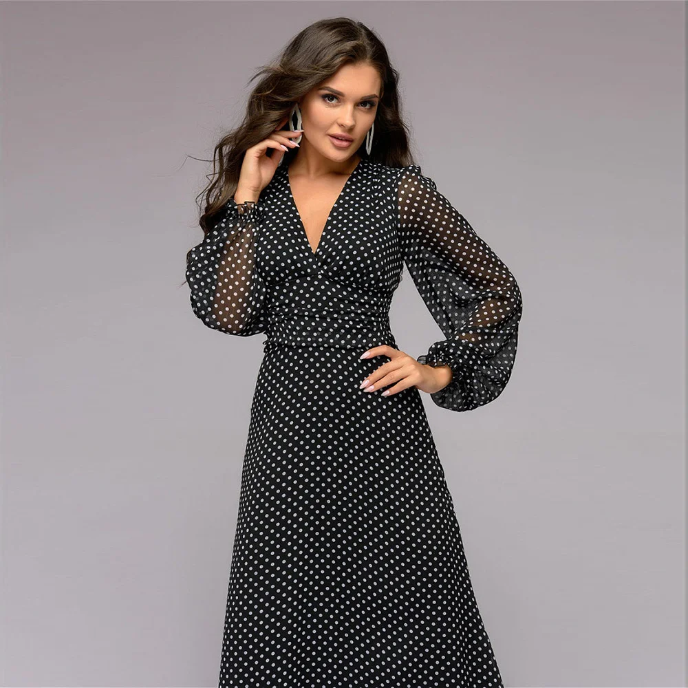 Polka Dot Chiffon Long Dress Women Vintage V-neck Lantern Sleeve Ruffles Draw Back Silm A-line Party Dress Casual Holiday Dress
Polka Dot Chiffon Long Dress Women Vintage V-neck Lantern Sleeve Ruffles Draw Back Silm A-line Party Dress Casual Holiday Dress