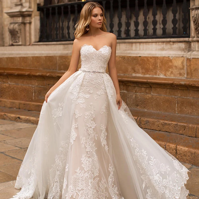 Luxury Mermaid Wedding Dresses Sleeveless Tulle Detachable Train 2 In 1 Lace Applique Wedding Gowns Tube Top Back Lace Up
Luxury Mermaid Wedding Dresses Sleeveless Tulle Detachable Train 2 In 1 Lace Applique Wedding Gowns Tube Top Back Lace Up