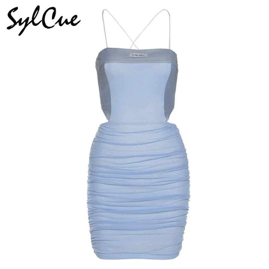 

Sylcue Summer blue splicing tight dress waist hollow-out halter skirt back belt show thin sexy miniskirt stretch Slim Soft