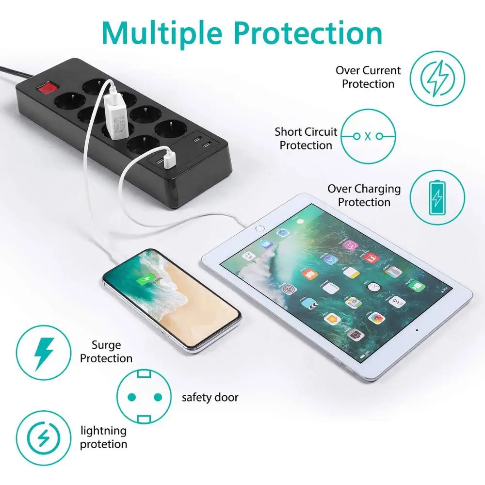 ZoeRax Мощность пропилен-каучука прокладки с 8 розетки и 4 USB электрическая розетка