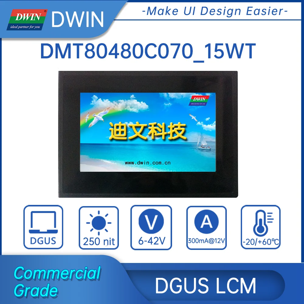 DWIN 7inch TFT LCD Display, 800*480 HMI Smart Touch Screen, Commercial Grade,Smart UART Serial LCD Module,DMT80480C070_15W
DWIN 7inch TFT LCD Display, 800*480 HMI Smart Touch Screen, Commercial Grade,Smart UART Serial LCD Module,DMT80480C070_15W