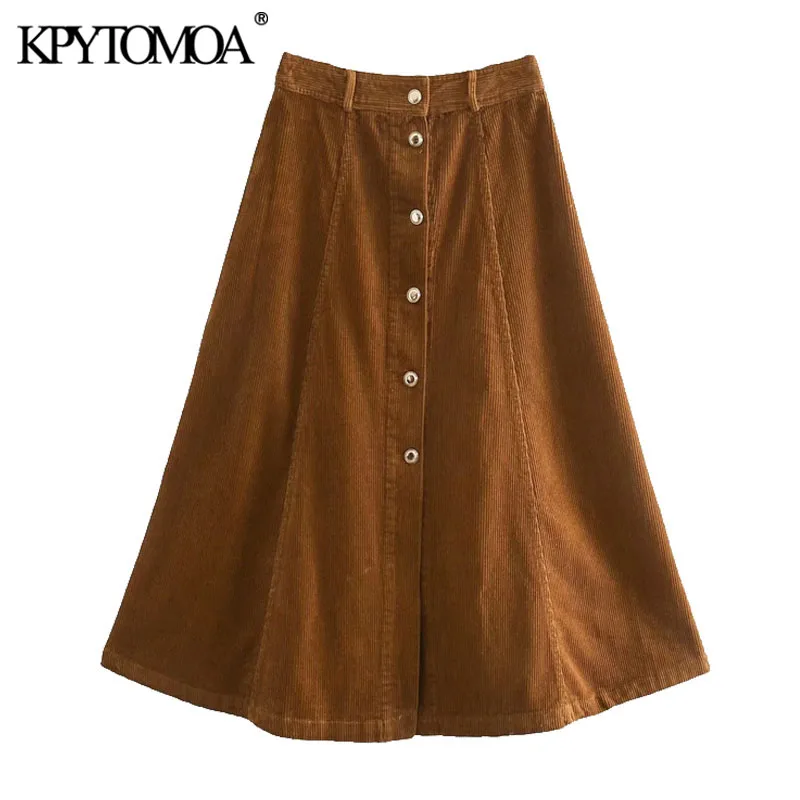 

KPYTOMOA Women 2021 Chic Fashion With Metal Button Corduroy Midi Skirt Vintage High Waist Flared Hem Female Skirts Mujer