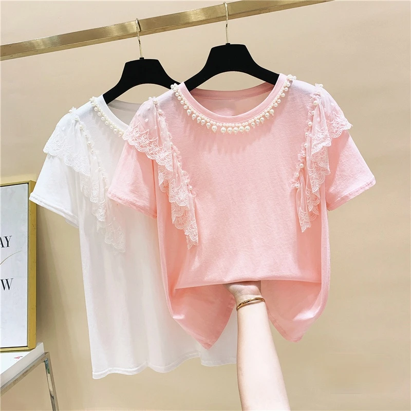 Beads Round Neck Lace Stitching Loose Short Sleeve T Shirt Women's Top 2021 Summer Clothing New Girls Students Tee White Pink
Beads Round Neck Lace Stitching Loose Short Sleeve T Shirt Women's Top 2021 Summer Clothing New Girls Students Tee White Pink