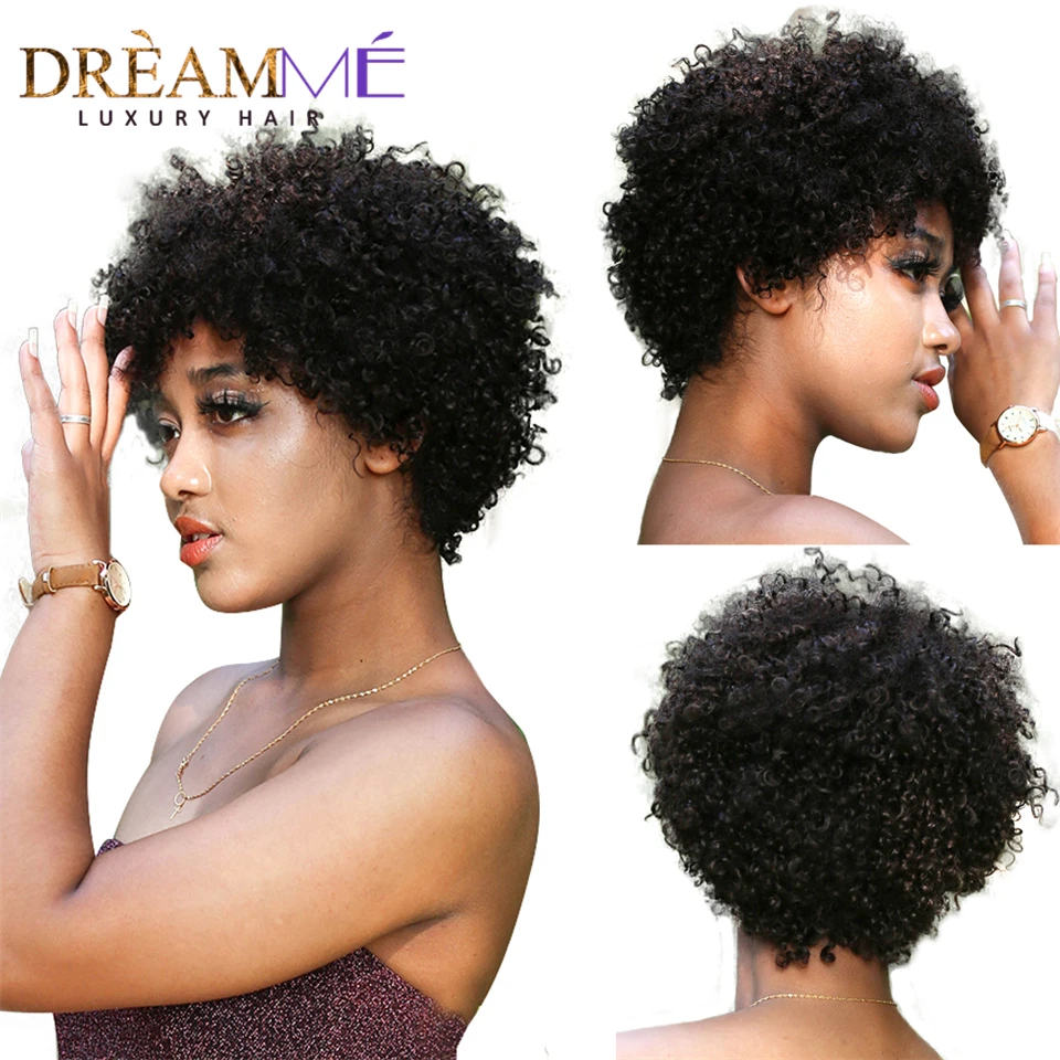

Short Kinky Curly Human Hair Wig 150% Density Glueless Machine Made None Lace Wig Remy Short Afro Pixie Cut Wig For Black Women