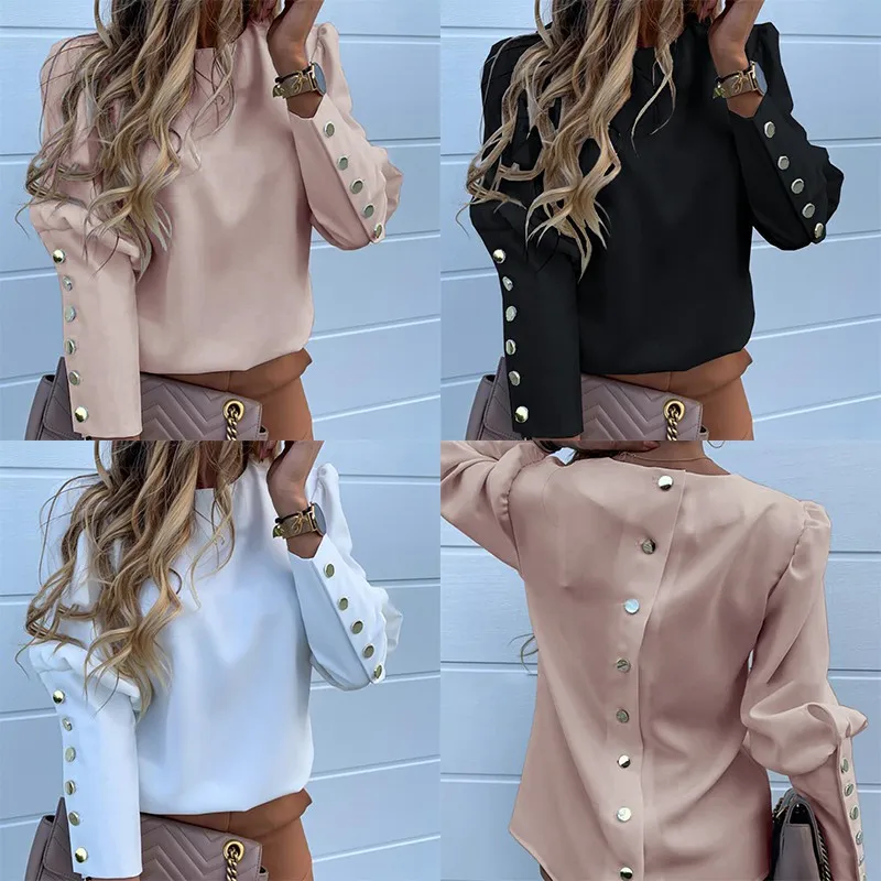 Blouse women work office shirt long sleeve o neck fashion metal button solid solor OL style autumn white blouses female Top
Blouse women work office shirt long sleeve o neck fashion metal button solid solor OL style autumn white blouses female Top