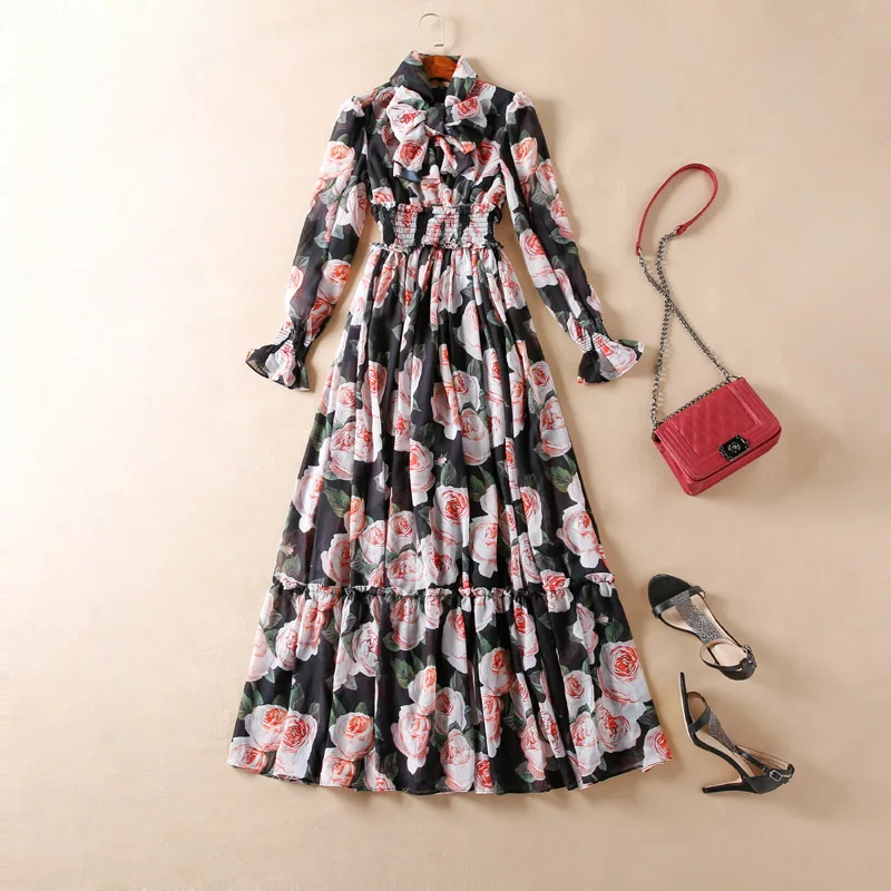 Макси-платье из 70% шелка, с цветочным принтом, с длинными рукавами, лето 2021 
Макси-платье из 70% шелка, с цветочным принтом, с длинными рукавами, лето 2021