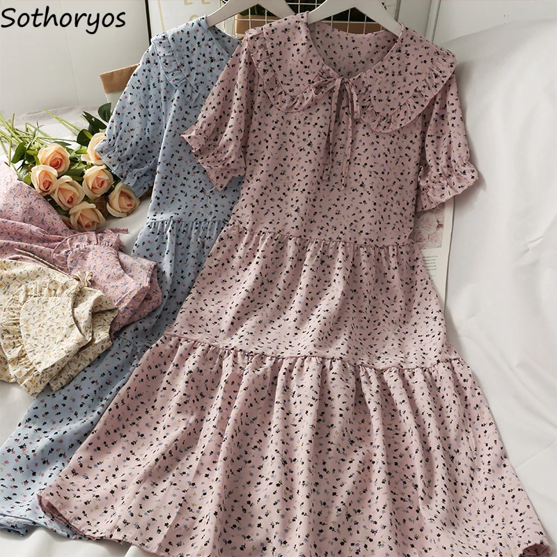 Women Short Sleeve Dress Floral Print Peter Pan Collar Bow Summer Knee Length A-line Casual Female Elegant Dresses Korean Style
Women Short Sleeve Dress Floral Print Peter Pan Collar Bow Summer Knee Length A-line Casual Female Elegant Dresses Korean Style