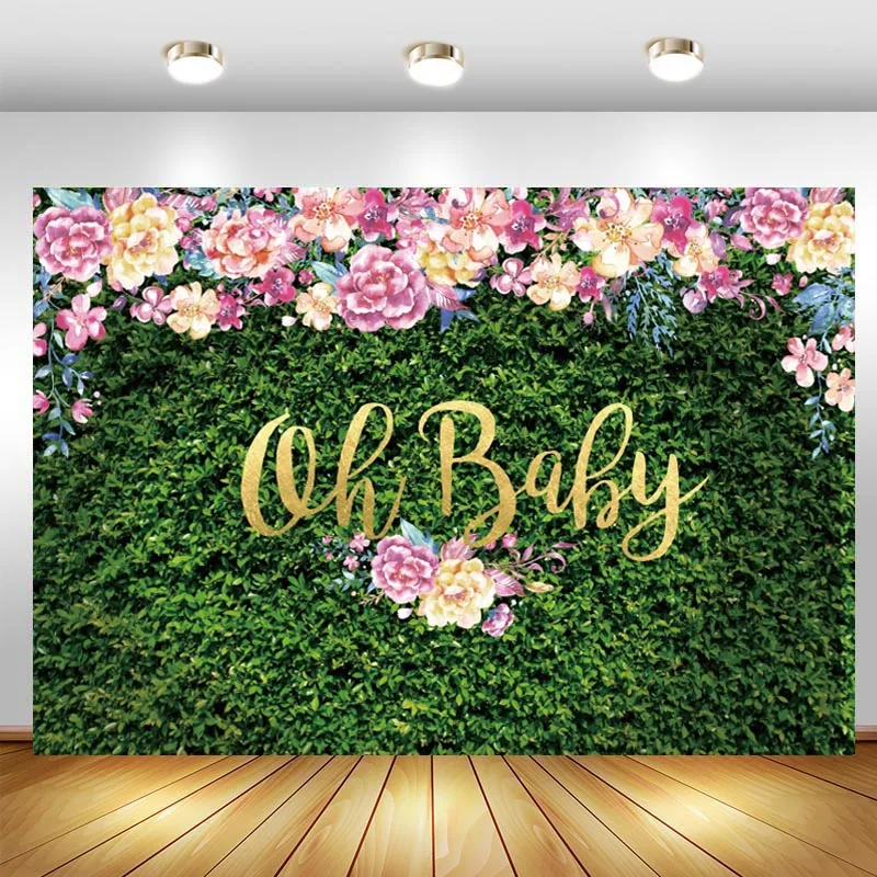 

Oh Baby Green Leaves Backdrop Watercolor Flower Baby Shower Newborn Announce Pregnancy Birthday Party Photo Background Banner