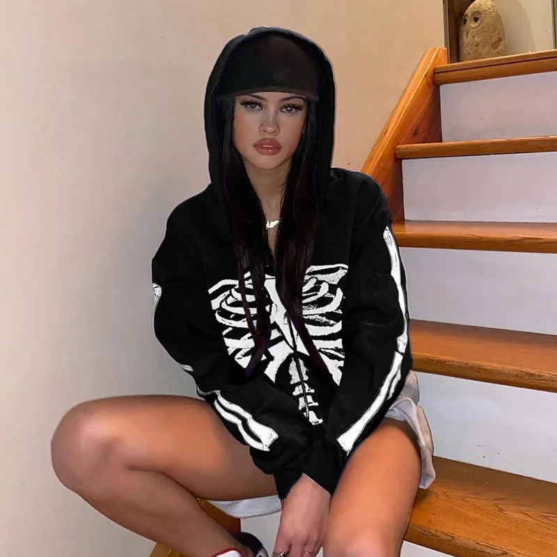 Women's Autumn Winter Black Gothic Style Jacket Sternum Skeleton Printed Hooded Zipper Y2k Streetwear Fashion Harajuku Clothes
Women's Autumn Winter Black Gothic Style Jacket Sternum Skeleton Printed Hooded Zipper Y2k Streetwear Fashion Harajuku Clothes