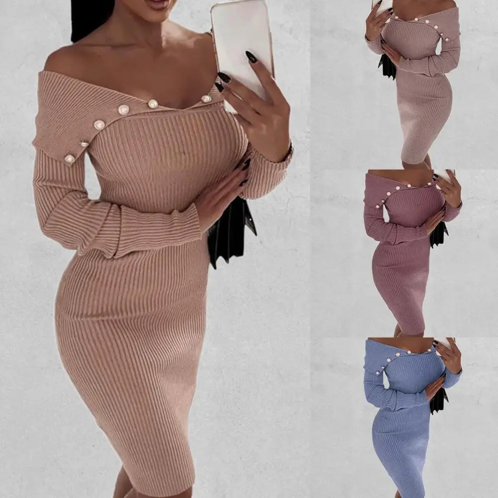 Стильное облегающее зимнее трикотажное платье с пуговицами на воротнике, моющееся женское платье, элегантное платье для отдыха 
Стильное облегающее зимнее трикотажное платье с пуговицами на воротнике, моющееся женское платье, элегантное платье для отдыха