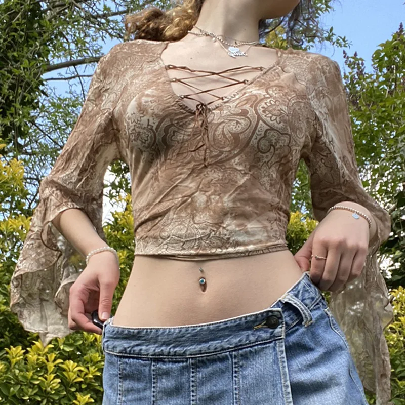 

Fairy Grunge Streetwear Lace-Up Flare Sleeve Mesh T-shirts Y2K Vintage Printing V-neck Lettuce Trim Cropped Tops Khaki