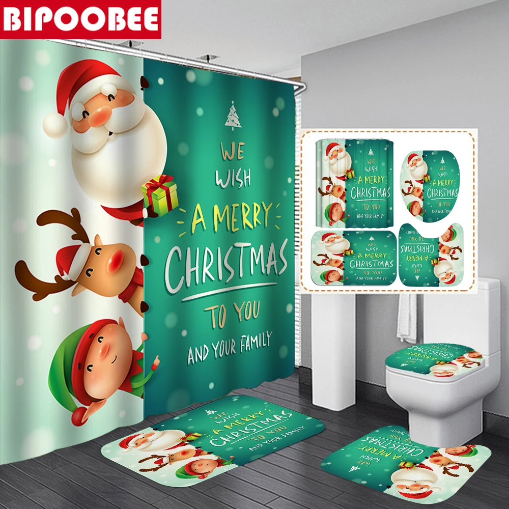 

Merry Christmas Green Shower Curtains Toilet Lid Cover Bath Mat Set Santa Elk Printing Bathroom Curtain Pedestal Anti-slip Rugs