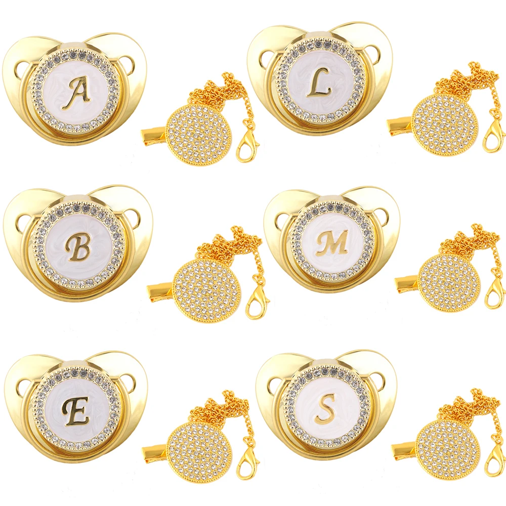 

Luxury Classic Gold Baby Pacifier Chain Clip Bling Rhinestone 0-12 Months BPA Free Dummy Soother 26 Name Initials Infant Nipple