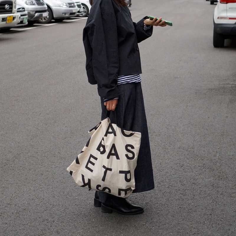 

Холщовая Сумка-тоут для женщин, повседневная простая вместительная хлопковая школьная сумка с принтом букв для покупок