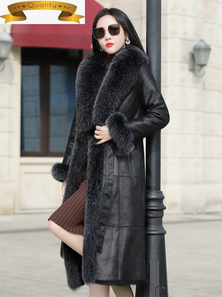 

Женская длинная шуба из натуральной кожи, пальто из натурального кроличьего меха с большим воротником из лисьего меха, M11019, для зимы