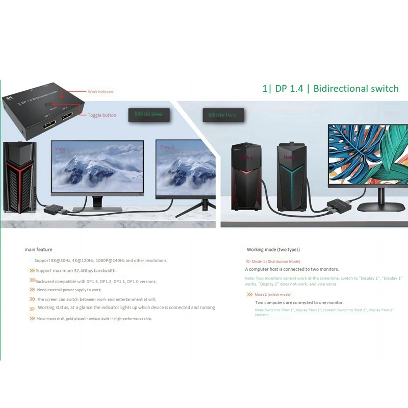 8K двунаправленный DP Splitter @ 60Hz 4K 120Hz DP1.4 1X2 2X1 дисплей переключатель для компьютера
