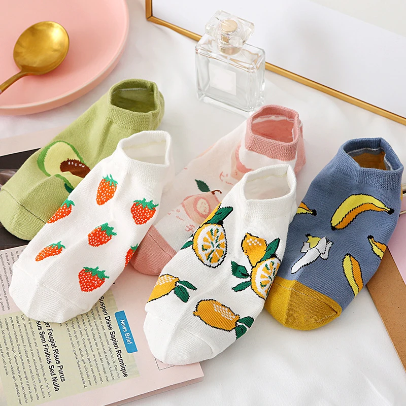 

Women Solid Avocado Socks Casual Joker Cotton Short Socks Ladies Fruit Print Concise Korean College Style Breathable Sox Trendy