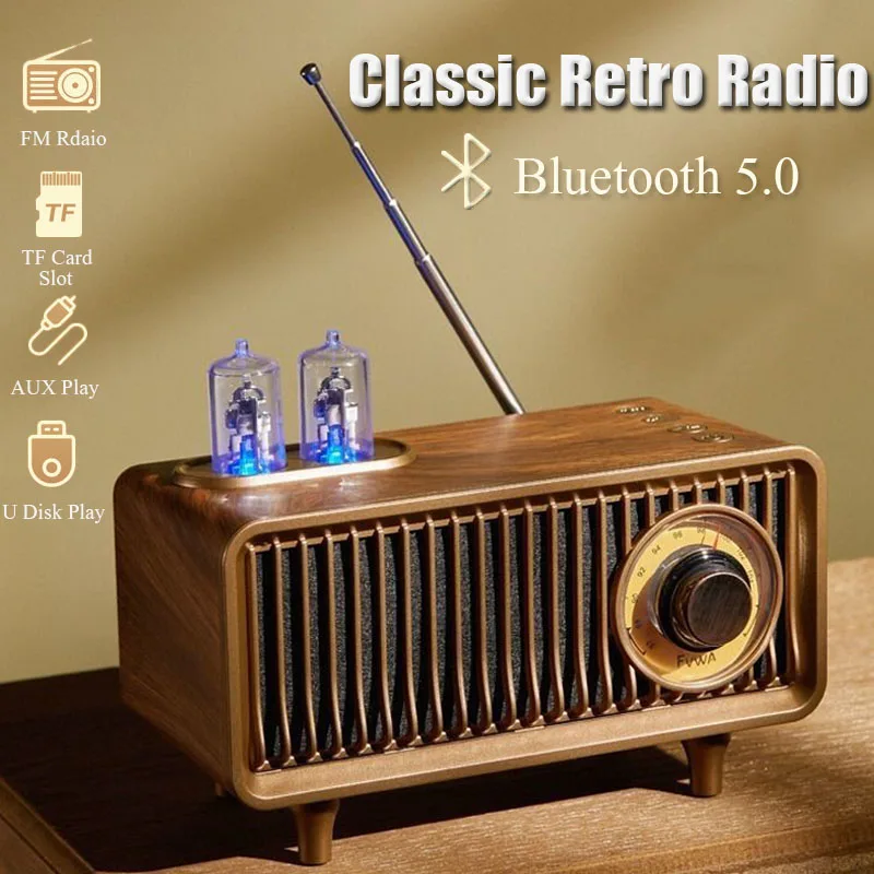 

Wood Grain Retro Radio Wireless Bluetooth Speaker Subwoofer Music Player with LED Light Support Handsfree TF Card USB AUX Play