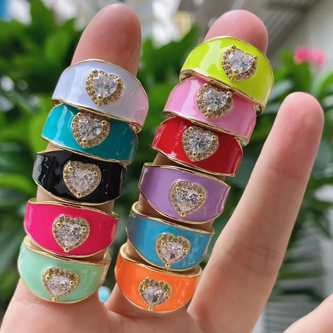10 шт., Открытое кольцо для женщин с разноцветной эмалью, сердечком и фианитом 
10 шт., Открытое кольцо для женщин с разноцветной эмалью, сердечком и фианитом