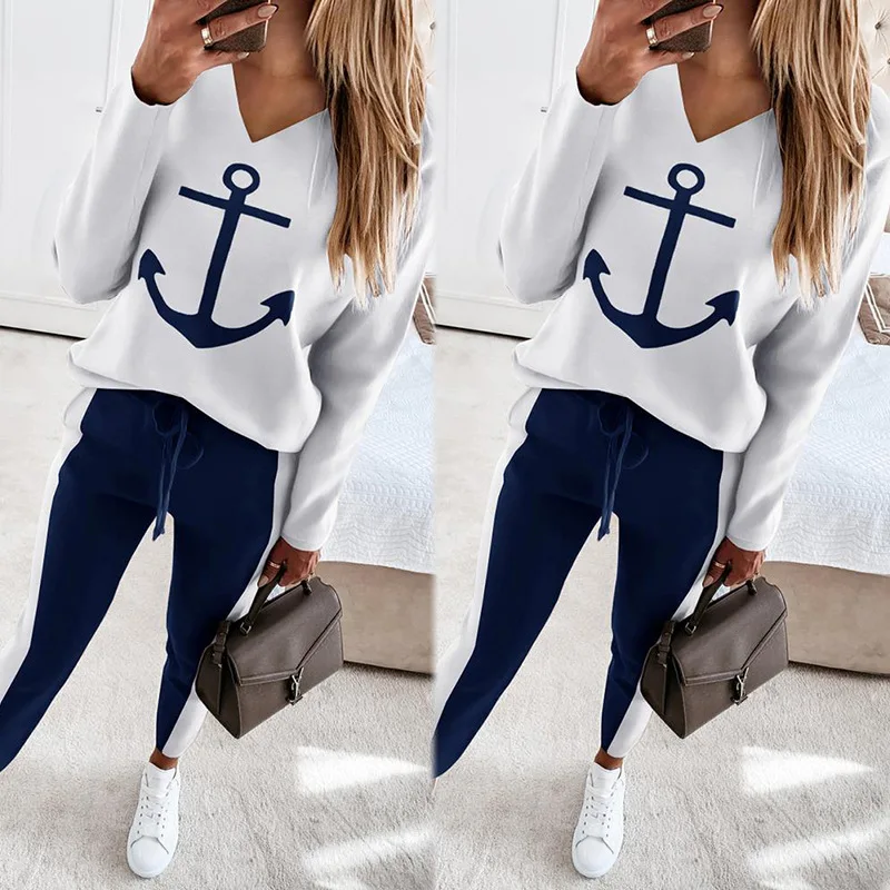 Hot Boat Anchor Print Autumn spring T-Shirt Two Piece printing long-sleeved v-neck fashion women leisure trousers suit white new
Hot Boat Anchor Print Autumn spring T-Shirt Two Piece printing long-sleeved v-neck fashion women leisure trousers suit white new