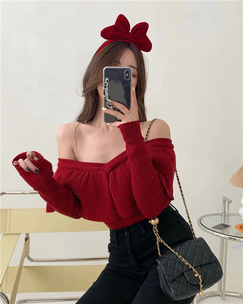 Women's Knitwear 2020 Spring Red New Style Long Sleeve off-Shoulder Pullover Bottoming Sweater Western Style Sexy Top
Women's Knitwear 2020 Spring Red New Style Long Sleeve off-Shoulder Pullover Bottoming Sweater Western Style Sexy Top