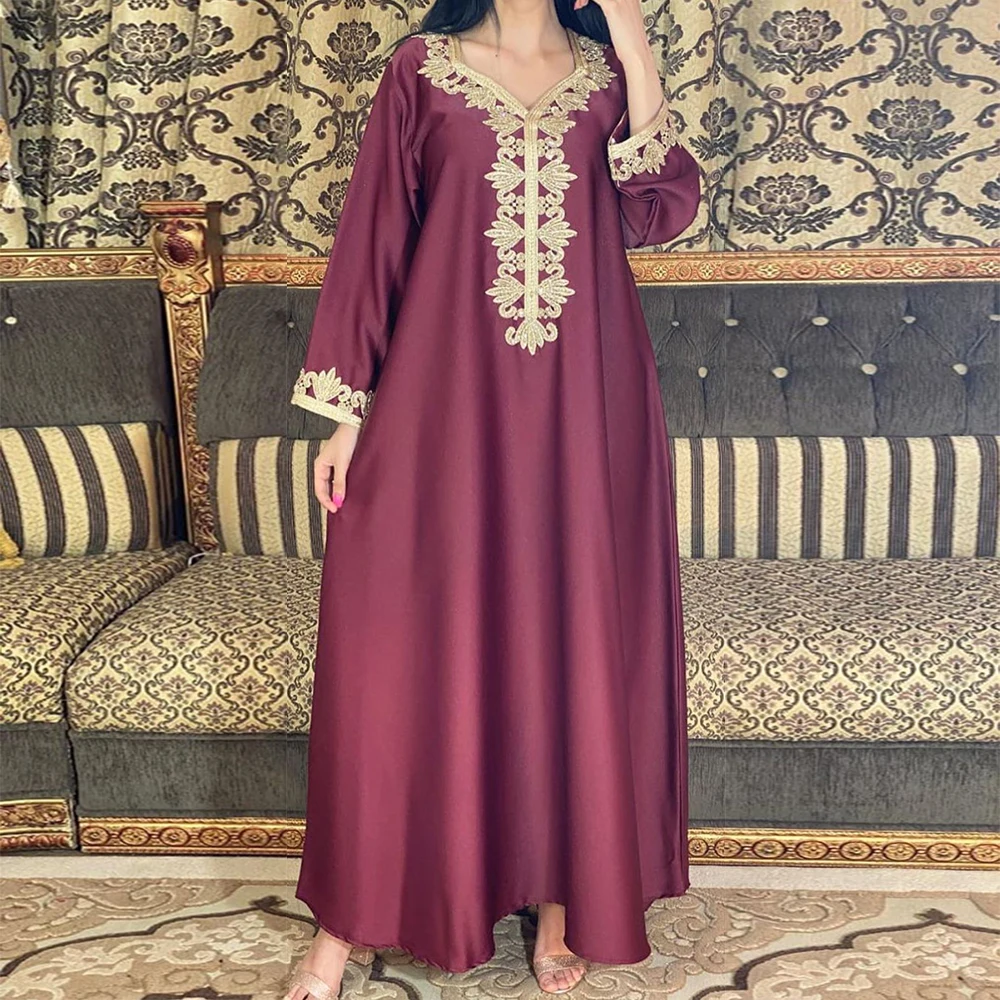 Атласный Дубай Abaya Jalabiya вышивка длинные рукава мусульманская женская одежда