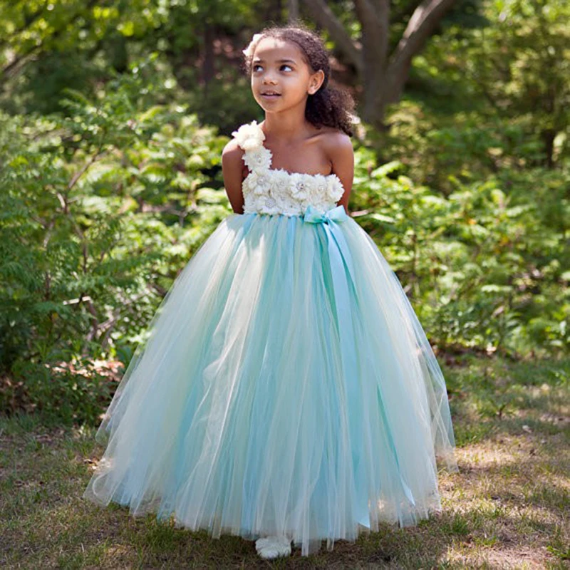 

Cute Girls Aqua Ivory Flowers Tutu Dress Kids Single Shoulder Tulle Dress Ball Gown with Ribbon Bow Children Party Costume Dress