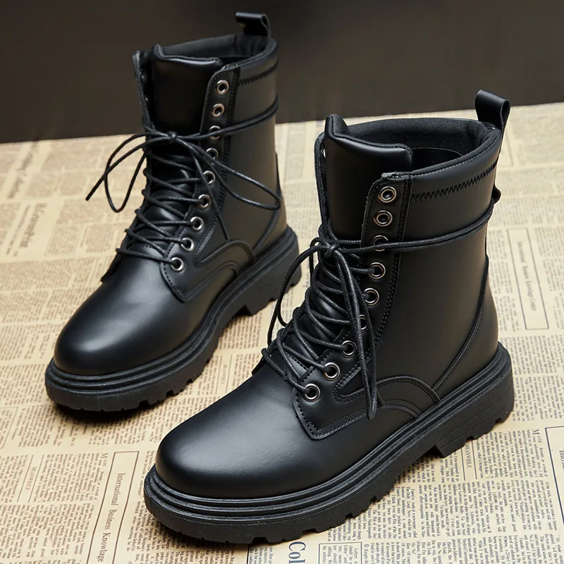 

2020 Women Autumn Winter White Black PU Leather Boots Round Toe Lace Up Shoes Woman Fashion Motorcycle Platform Botas De Mujer