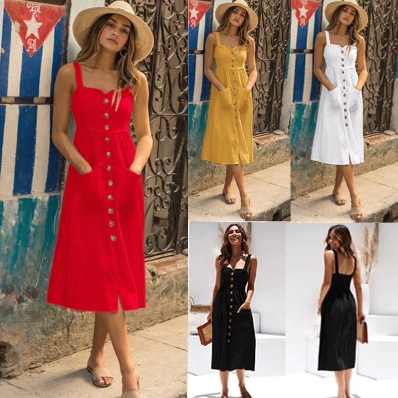 Summer Camisole Dress Women Elegant Wide Straps Single-breasted Midi Dress Female Fashion Pocket Slim Sun Dress Stretch bust
Summer Camisole Dress Women Elegant Wide Straps Single-breasted Midi Dress Female Fashion Pocket Slim Sun Dress Stretch bust