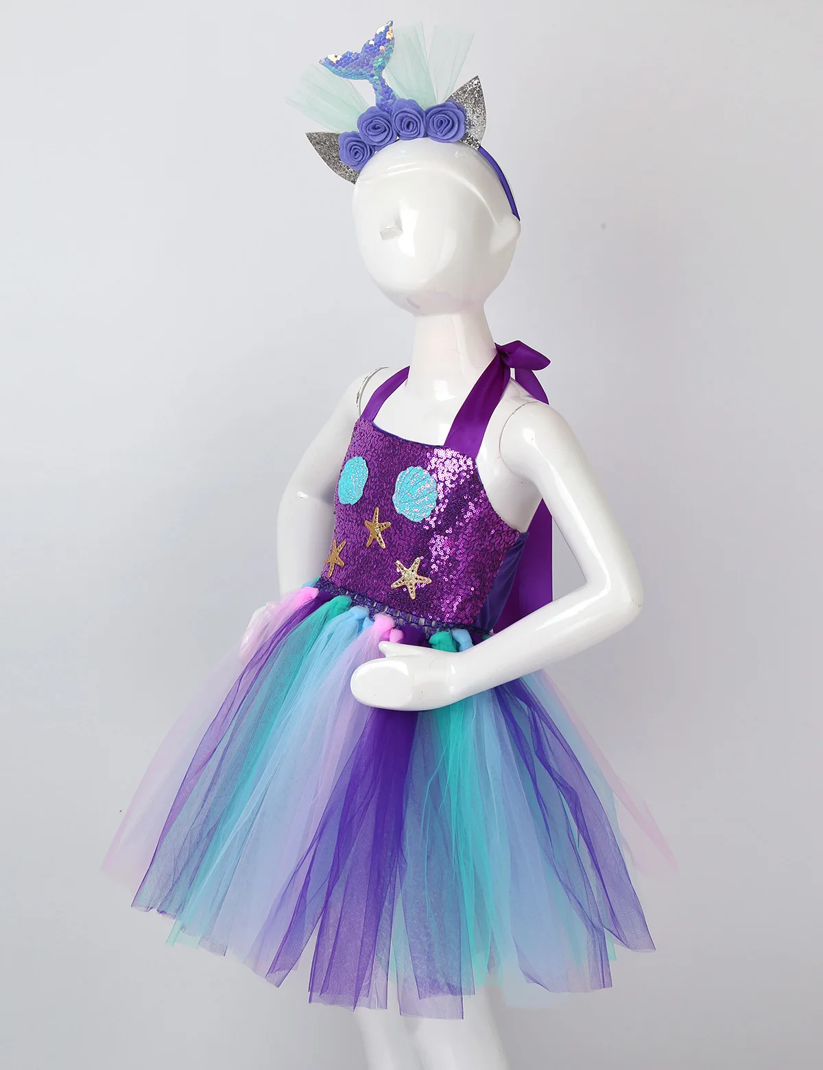 Детский Костюм Русалки для девочек блестящее платье с пачкой из сетки на шее
