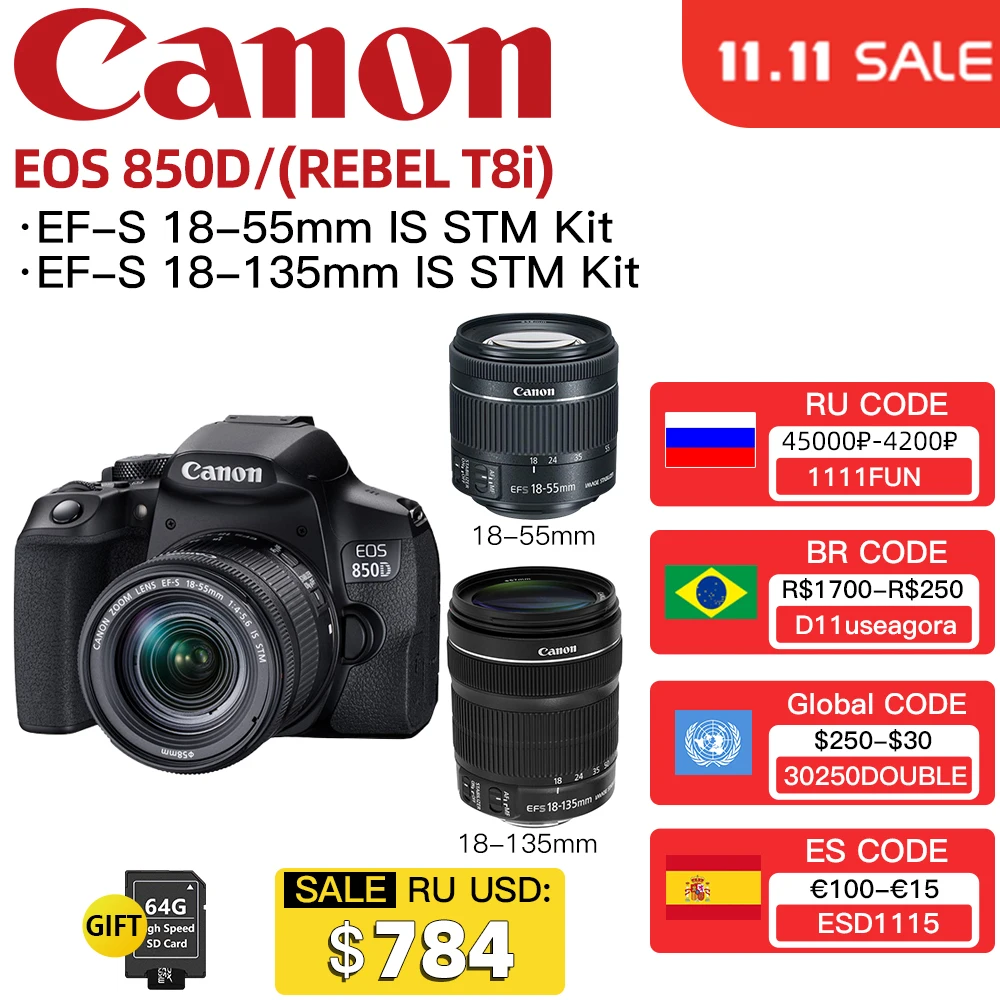 

Однообъективной зеркальной камеры Canon EOS 850D(REBEL T8i)DSLR тела EF-S фирменнй переходник для объектива Canon 18-55 мм IS STM / 18-135 мм IS USM для Canon Nikon Комплект ч...