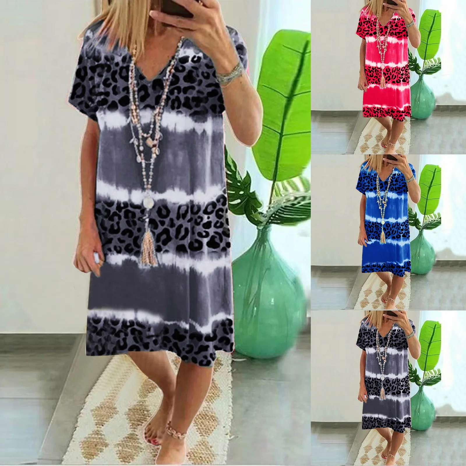 61# Harajuku Loose Striped Splicing Dresses Women V-neck Leopard Print Medium Length Dress Streetwear Tshirt Dress Vestidos
61# Harajuku Loose Striped Splicing Dresses Women V-neck Leopard Print Medium Length Dress Streetwear Tshirt Dress Vestidos