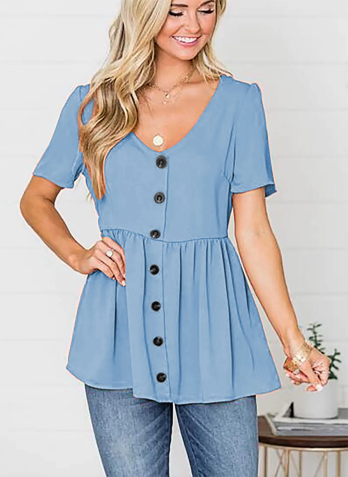 2020 Spring Summer New Style Solid Color Women V Neck Loose Button Babydoll Short Sleeve Shirts 
2020 Spring Summer New Style Solid Color Women V Neck Loose Button Babydoll Short Sleeve Shirts