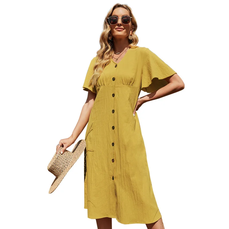 New Summer Dress For Women 2021 Casual Cotton Half Sleeve Dresses Female V-neck Fashion Solid Yellow Boho Robe Femme Vestidos
New Summer Dress For Women 2021 Casual Cotton Half Sleeve Dresses Female V-neck Fashion Solid Yellow Boho Robe Femme Vestidos