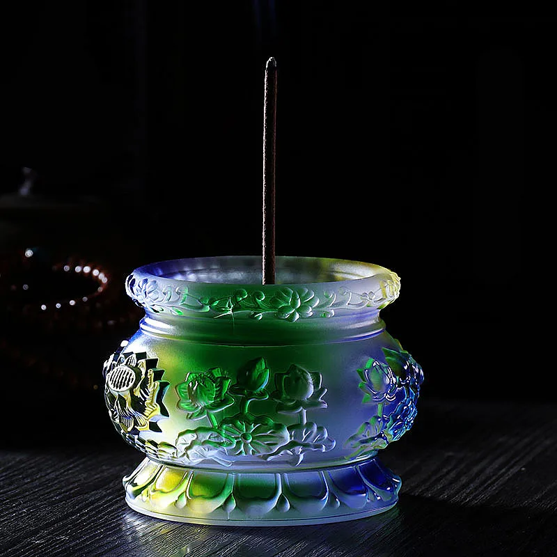 

8cm Tibetan Buddhist Multi-color Auspicious Resin Lotus Pattern Exquisite Carving Putting Decorate Incense Burner